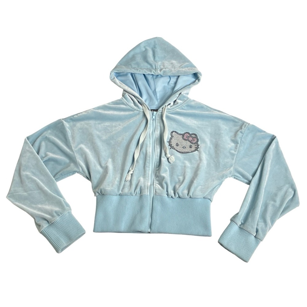 Hello Kitty x Forever 21 Blue Velour Cropped Zip Hoodie Womens S Rhinestone Y2K